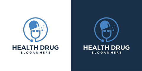 Medical health logo design template. Stethoscope with drug capsule design graphic vector illustration. Symbol, icon, creative.