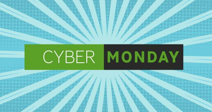 Animation of cyber monday text in rectangle with sunburst against blue background