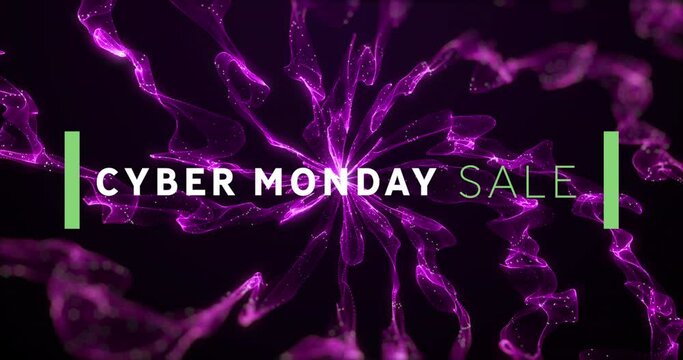 Animation of cyber monday text and lines over dynamic abstract pattern against black background