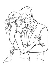 Continuous one line drawing of a wedding couple. Vector illustration.