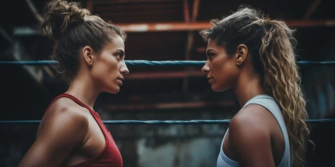 Fotobehang photorealistic image of two female boxers face to face. fight, duel, kickboxing © Татьяна Гончарук