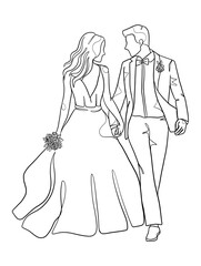 Continuous one line drawing of a wedding couple. Vector illustration.