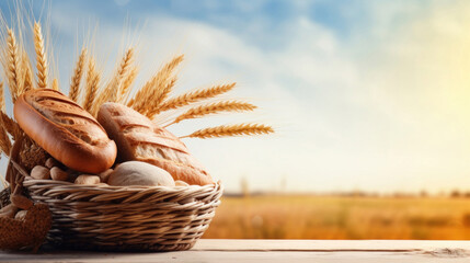 Fototapeta na wymiar Basket with bread and ears on the table on the background of a bald field
