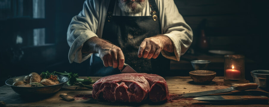 Butcher in work, beef meat withhout bone on a wooden cutting board. copy space for text.