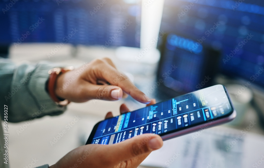 Poster phone screen, stock market and hands of business person trading, data analytics and profit or sales.