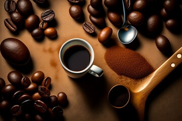 Obraz premium Looking down at a table full of coffee beans beside a coffee cup and spoon,extremely detailed, rtx, 8k, glow, winning photography, film grain, muted colour