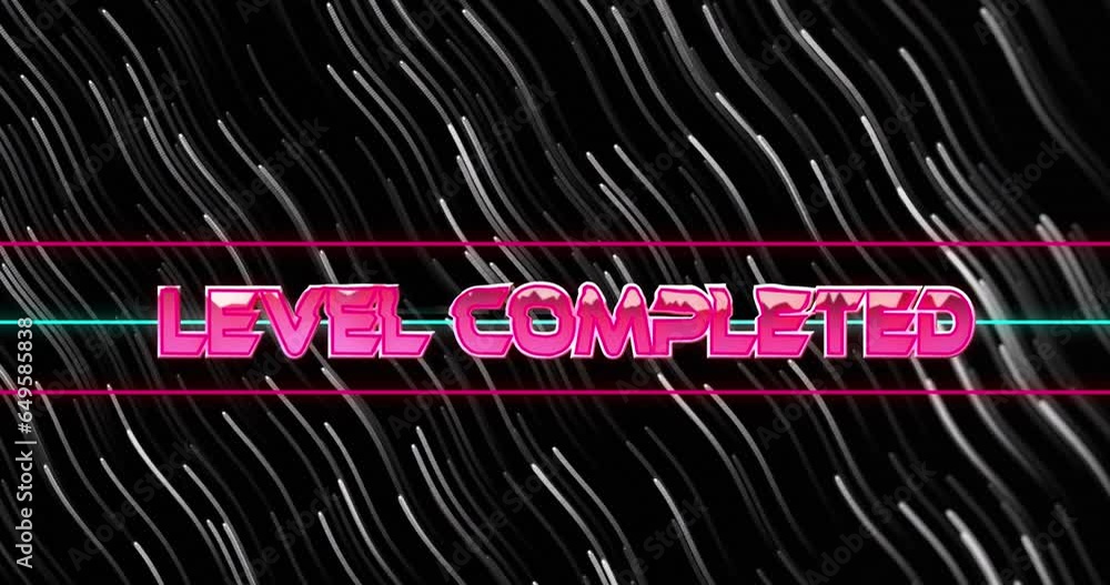 Poster animation of level completed between lines over lines moving in spiral pattern over black background