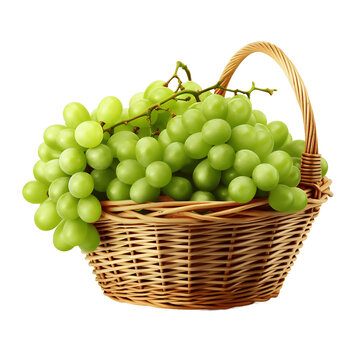 Appetizing green grapes in a wicker basket on transparent background PNG. Popular edible fruit concept.