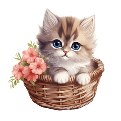 A cute cat sleeping in a basket on a transparent background PNG. Cute animal concept.