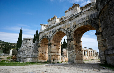 Hierapolis in Pamukkale. Ancient, aged stone tombs from lycia
