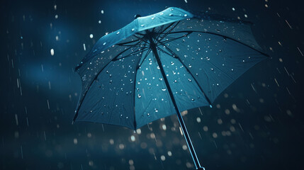 Raindrops splash on the blue umbrella