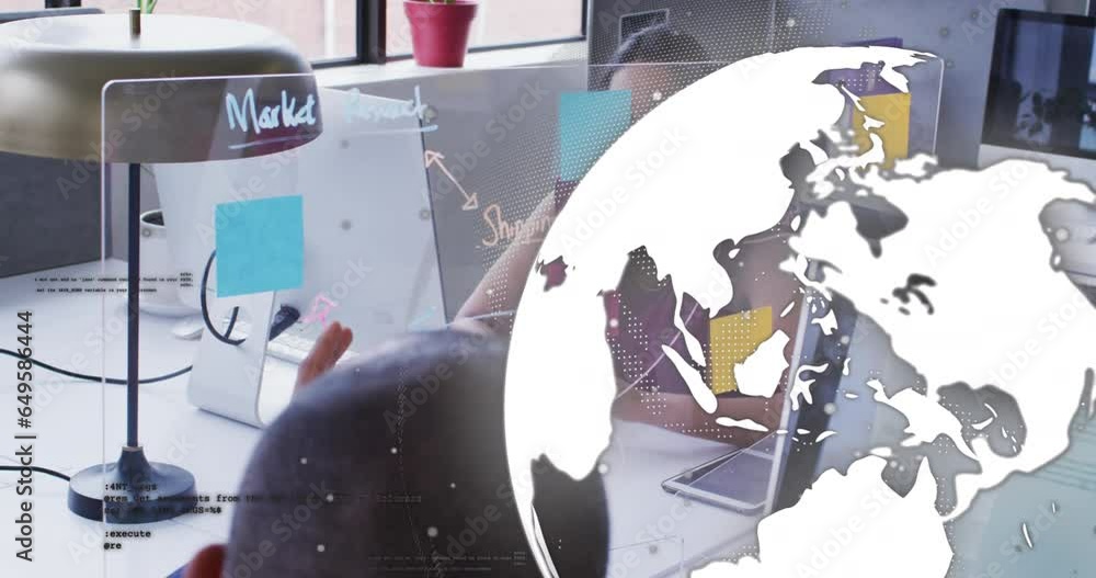 Poster animation of globe and computer language over diverse coworkers sharing ideas in office