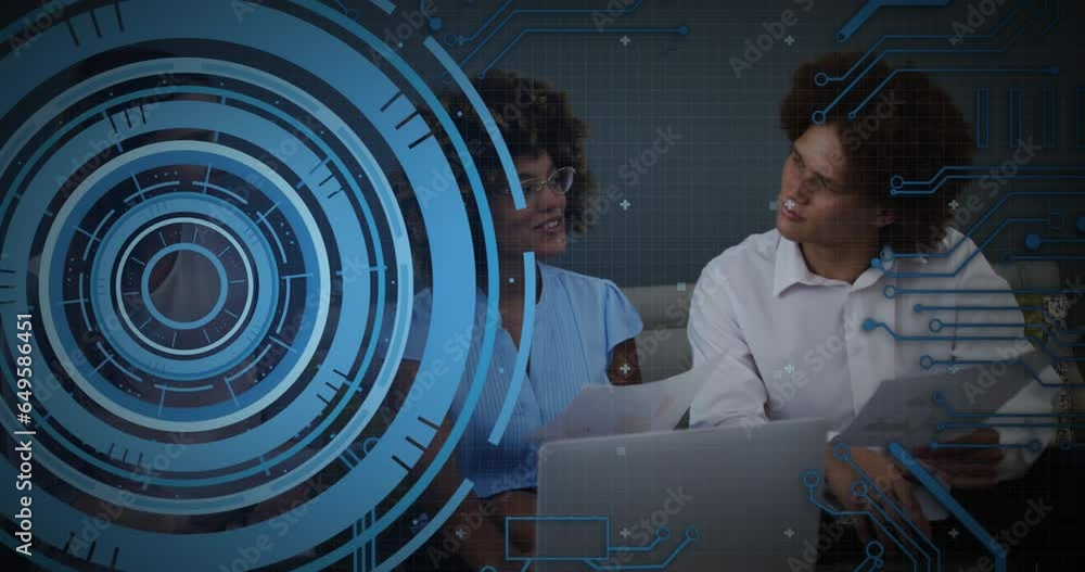 Poster animation of loading circles and computer language, diverse coworkers discussing reports