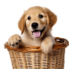Cute dog in a basket on transparent background PNG. Cute and funny animal concept.