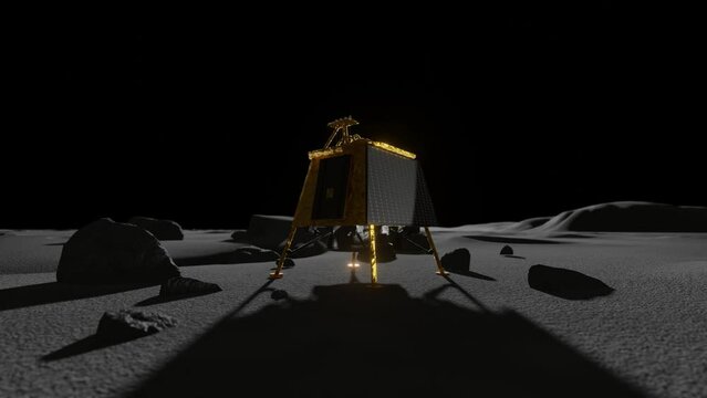 3D Animation of India's Chandrayaan lander on the Moon with long shadows