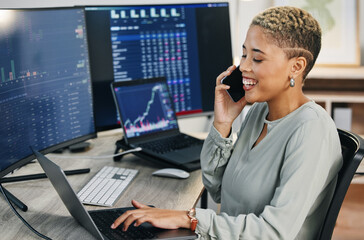 Happy woman, phone call and broker consulting in trading, cryptocurrency or online advice at...