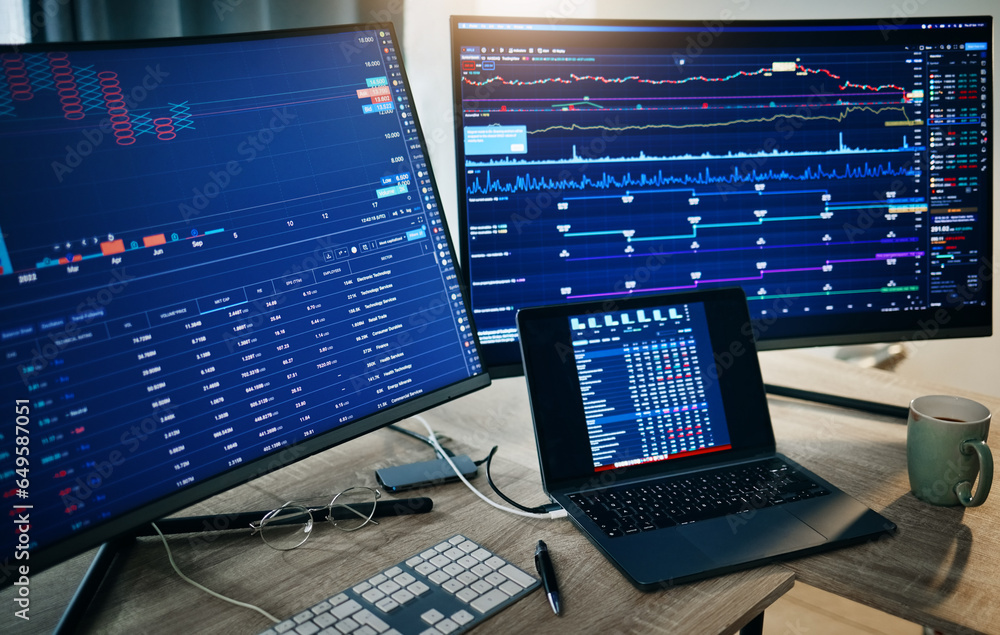 Poster Computer screen, stock market and data analytics background of cryptocurrency, financial stats and numbers. Desktop monitor and laptop with charts, graphs and algorithm or lines for trading at night