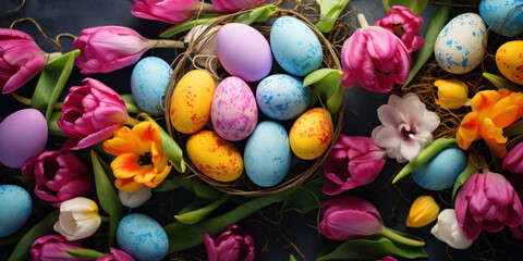 Colorful tulips and Easter eggs on a dark background