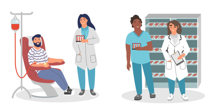 Man volunteer and laboratory medical worker at blood donation center