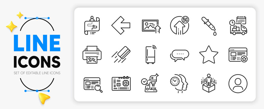 Star, 5g upload and Delivery line icons set for app include Chemistry pipette, Dots message, Refrigerator outline thin icon. Left arrow, Upload photo, Journey path pictogram icon. Vector