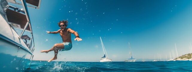 A thrilling image capturing a moment of pure summer joy, as an individual takes a daring leap from a boat into the crystal clear blue waters below. The essence of summer fun and adventure.