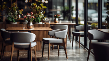 tables and chairs, Luxurious cafe with a gray wooden table and chairs,Ai Generate 