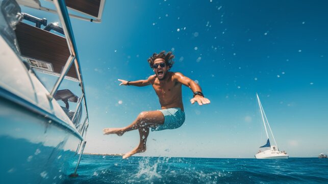 A thrilling image capturing a moment of pure summer joy, as an individual takes a daring leap from a boat into the crystal clear blue waters below. The essence of summer fun and adventure.