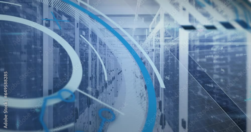 Aufkleber animation of loading circles and circuit board pattern over data server room