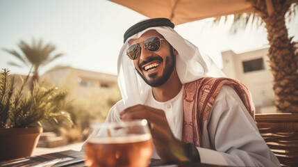 Man wearing traditional Arab head cover  eating breakfast at sunny day outdoors, smiling, happy