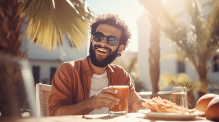 Smiling man holding glass of juice and sitting at cafe outdoors at summer - obrazy, fototapety, plakaty