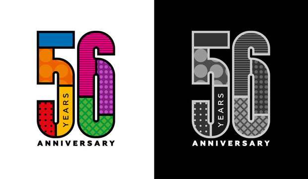 Set of logos for 56th anniversary, fifty-sixth anniversary, colorful logo for celebration event, invitation, congratulations, web template, flyer and booklet, retro symbol