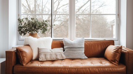 Cozy modern minimalistic scandinavian interior design of a spacious living-room: brown leather chester sofa with cushions, tall walls and windows, daylight