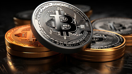 Bitcoins on the table, cryptocurrency background image - obrazy, fototapety, plakaty
