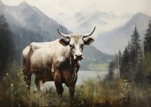 Cow in a Forest with mountains Oil Painting artwork, wall art, illustration, High resolution, Printable