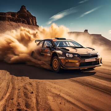 rally car on dusty desert road, ai generative
