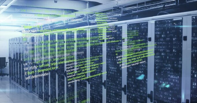 Animation of multicolored computer language over binary codes on data server racks