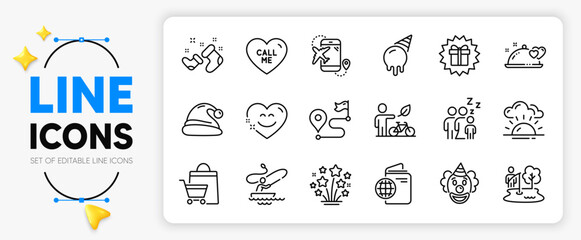 Journey, Smile chat and Travel passport line icons set for app include Romantic dinner, Eco bike, Fireworks stars outline thin icon. Boat fishing, Santa hat, Surprise gift pictogram icon. Vector
