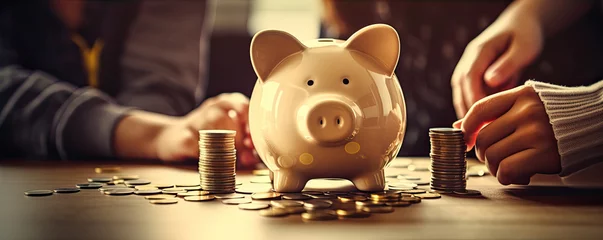 Foto auf Alu-Dibond Familly saving money in piggy bank. wide banner © Michal