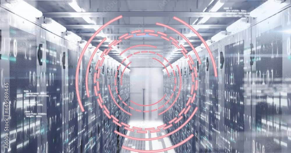 Poster animation of circles, computer language over binary codes on data server racks in server room