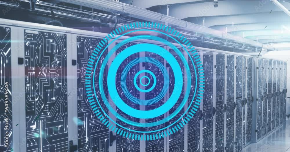 Aufkleber animation of loading circles over circuit board pattern on data server racks in server room