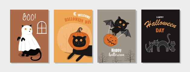 Set of happy halloween pet greeting card.Characters  for Halloween in cartoon costumes style,cute animal,Vector illustrations. - 649589673