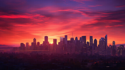 Fototapeta premium Cityscape Silhouette with Skyscrapers Backlit by a Vibrant Sunset.
