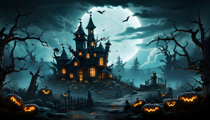 Full moon nighttime,dark landscape castles and graveyards filled, ghostly mystical fog,bats flying in sky,pumpkin heads and dead trees,candles lights,concept halloween night,generator AI illustration