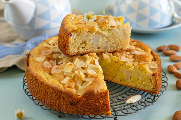 Sweet Italian almond cake with pears for dessert - 649590071