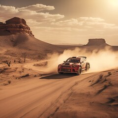 Fototapeta na wymiar rally car on dusty desert road, ai generative