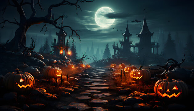 Scary pumpkins stack,full moon nighttime,dark landscape castle and graveyards filled background,ghostly mystical fog,bats flying in sky,candles lights,concept halloween night,generator AI illustration