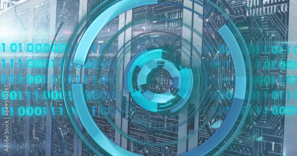 Poster animation of loading circles and binary codes over circuit board pattern on data server racks