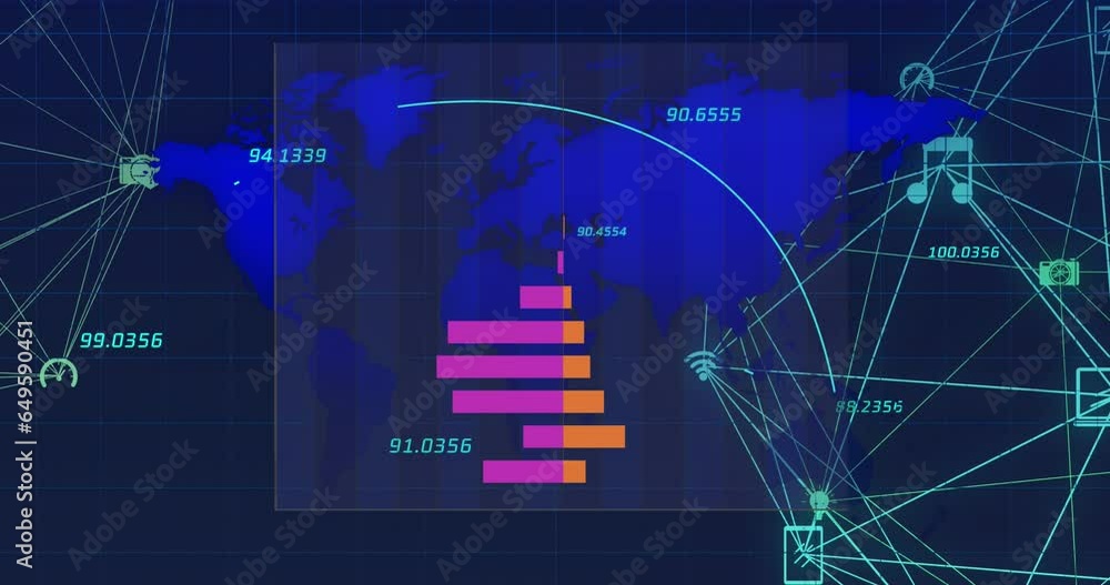 Poster animation of graphs, numbers, connected icons forming globe and map over black background