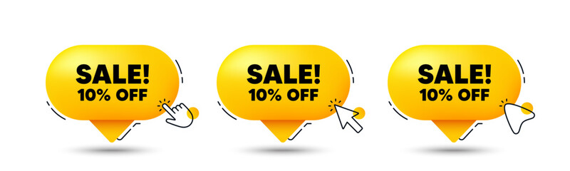 Sale 10 percent off discount. Click here buttons. Promotion price offer sign. Retail badge symbol. Sale speech bubble chat message. Talk box infographics. Vector