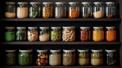 Collection of glass and metal containers, filled with bulk foods, line the wooden shelves